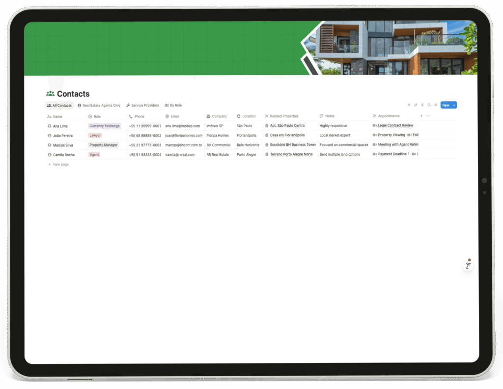 The Contacts database page, displaying a table of real estate agents, lawyers, and other contacts with their details.