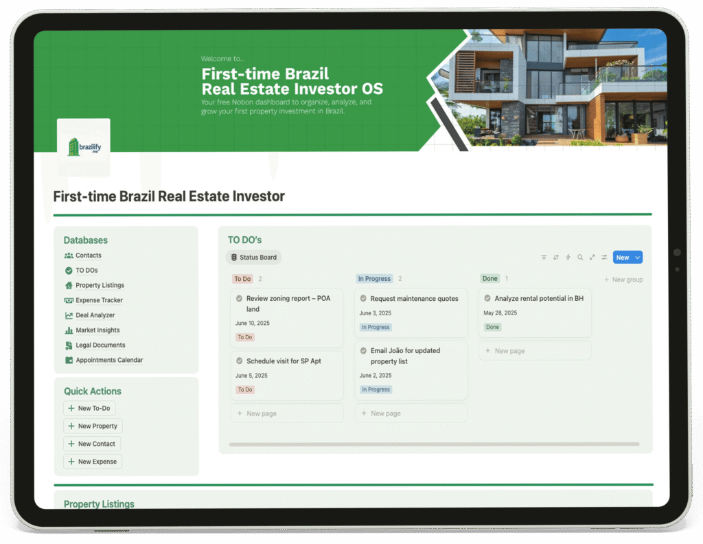 Brazil-Real-Estate-Investor Dashboard page 1.png: The main dashboard of the Notion system, showing a financial summary and navigation to other pages.