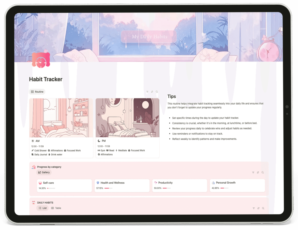 Notion Habit Tracker dashboard with AM and PM routines, progress cards, and daily habit database.