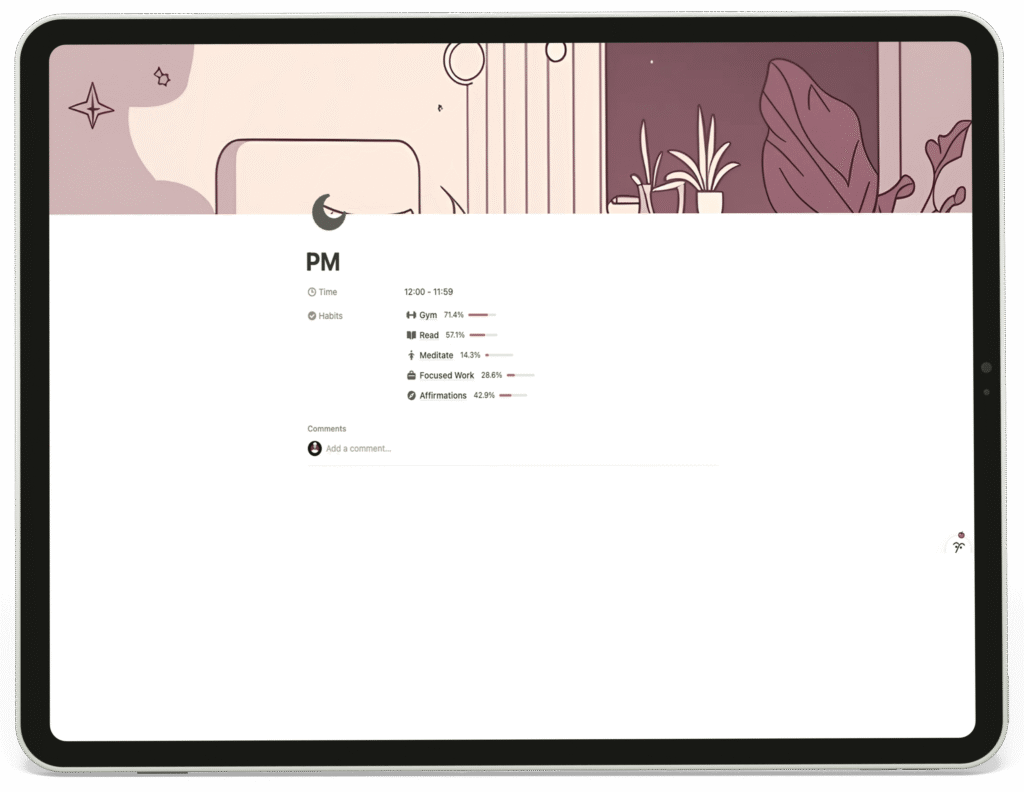 Notion PM habits page showing evening routine and tracked habit performance.