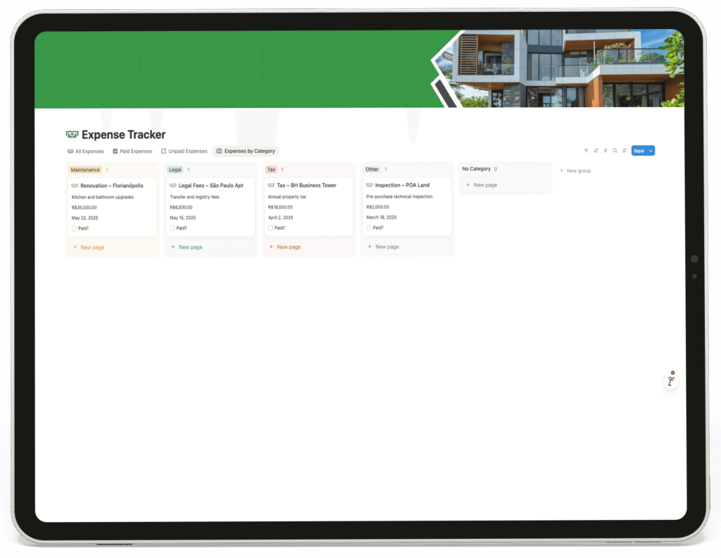 The Expense Tracker page displaying expenses by category, including costs and due dates.