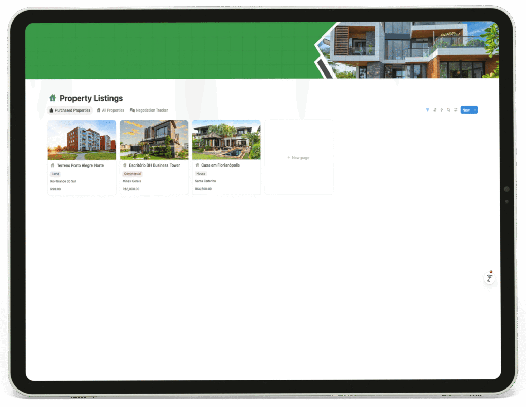 The Property Listings page showing a list of purchased properties with their locations and prices.