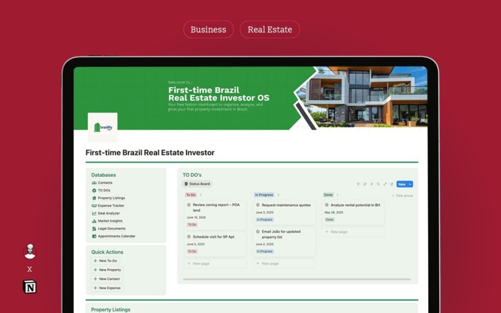 Brazil-Real-Estate-Investor Dashboard page 1.png: The main dashboard of the Notion system, showing a financial summary and navigation to other pages.