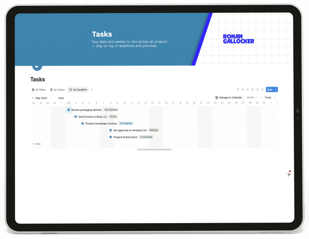 The agency's task management system with calendar and status views.