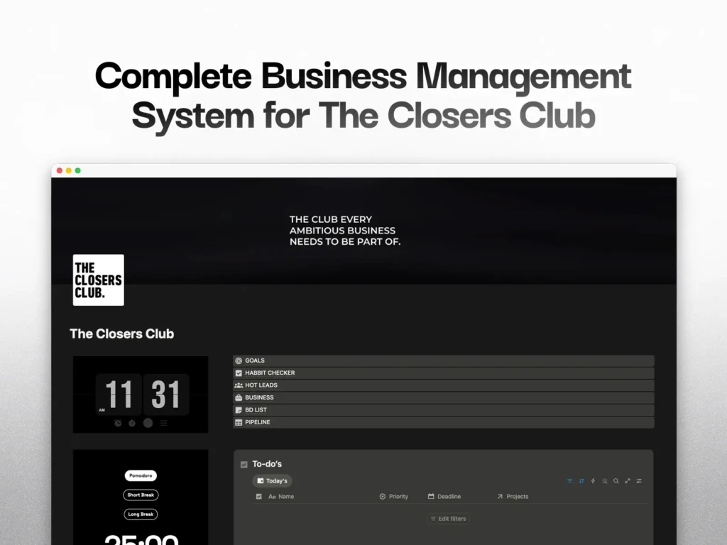 Custom Notion Business Management System for Closers Club with goals tracking, leads management, project management, business database, and sales pipeline dashboard.