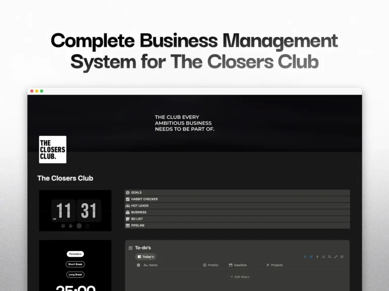Custom Notion Business Management System for Closers Club with goals tracking, leads management, project management, business database, and sales pipeline dashboard.