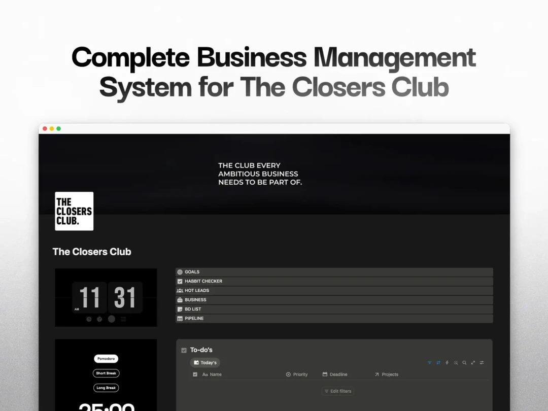 Custom Notion Business Management System for Closers Club with goals tracking, leads management, project management, business database, and sales pipeline dashboard.