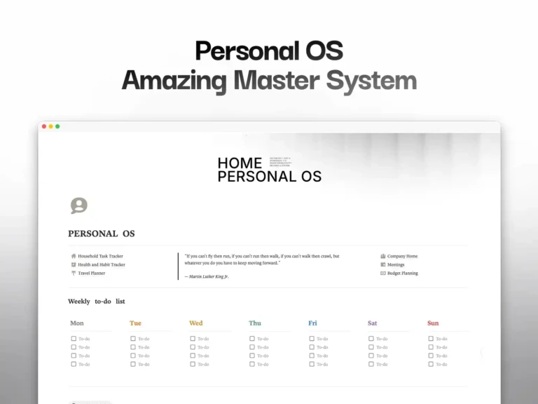 Notion Personal OS dashboard showing unified workspace setup with personal life dashboard, habit tracker, travel planner, meeting database, and business management system in Notion