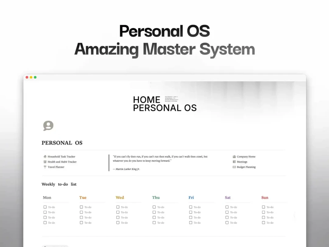 Notion Personal OS dashboard showing unified workspace setup with personal life dashboard, habit tracker, travel planner, meeting database, and business management system in Notion